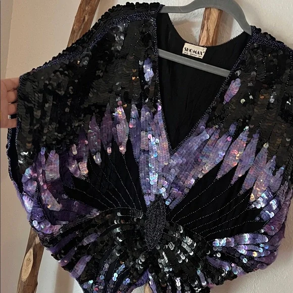 RARE Vintage Shomax Black and Purple Sequin Beaded Butterfly Disco Top Large - Picture 4 of 6
